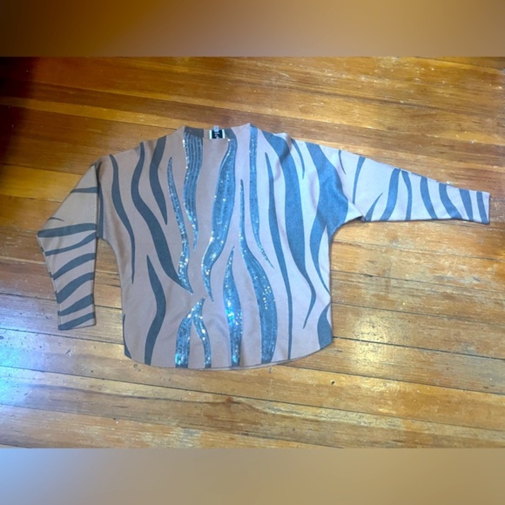 Sioni Tan and Brown Animal Print Sweater with Sequins, Long Sleeve, Medium